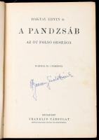 Baktay Ervin (1890-1963): A Pandzsáb. Az öt folyó országa. Magyar Földrajzi Társaság Könyvtára. Bp., é.n., Franklin, 185+3 p.+ 24 (fekete-fehér képtáblák) t. Egészoldalas fekete-fehér fotókkal illusztrált. Kiadói dúsan aranyozott félvászon sorozatkötésben, kopott borítóval, a gerincen sérüléssel.