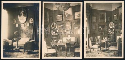 cca 1920-30 Nagypolgári enteriőr elegáns bútorokkal, festményekkel, műtárgyakkal. 3 db régi fotó, jelzés nélkül. 9x6 cm
