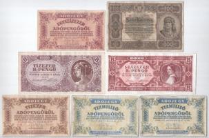 7db-os vegyes magyar bankjegy tétel, közte 1920. 100K + 1946. 10.000BP + 100.000BP + 10.000AP + 100.000AP + 10.000.000AP (2x) T:III,III-