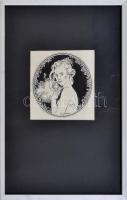 Jurcsák László: Női portré. Tus, papír. Jelzett. Üvegezett alumínium keretben, d: 10 cm