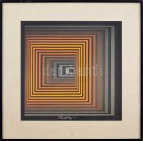 Victor Vasarely (1908-1997): Alagút. Computer print, papír, jelzett a nyomaton. Üvegezett alumínium keretben. Lapméret: 27x27 cm