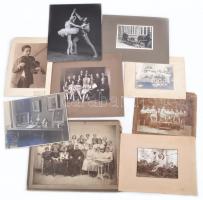 cca 1900-1931 9 db kartonra kasírozott nagyméretű fotó vegyes témákban (munkások, konyhabelső, táncosok, stb.)
