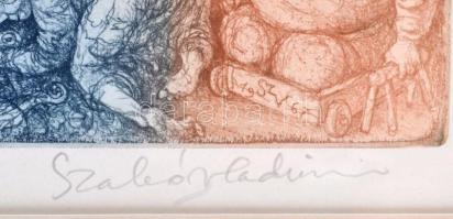 Szabó Vladimír (1905-1991): Zenélő társaság. Színes rézkarc, papír, jelzett. Számozott: 10/100. Üveg...