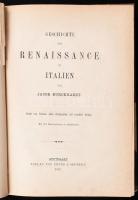 Burckhardt, Jacob: Geschichte der Renaissance in Italien. Geschichte der neueren Baukunt. I. köt. Stuttgart, 1878., Ebner & Seubert. Német nyelven. Egészoldalas és szövegközti rajzokkal. Korabeli aranyozott gerincű félbőr-kötésben, a borítón kopásnyomokkal, a gerincen sérülésnyommal, egy szakadt lappal.