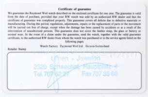 Rayond Weil női kvarc karóra. Aranyozott fém. Jelzett, garancia kártyával, eredeti dobozában, jó áll...