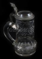 Antik, kézzel csiszolt üveg korsó, ón peremmel, 1900 körül, hibátlan, m: 19,5 cm