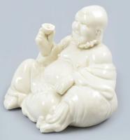 Kínai Blanc de Chine Buddha, fehér mázas porcelán, jelzett, hibátlan, m: 9 cm