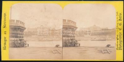 cca 1864 Budapest, A királyi palota látképe, Barthélémy Turgard (1825-?) belga fényképész sztereófotója Charles Gaudin sztereokép sorozatában, ázott lap 8,5×17,5 cm