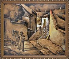 Pataky Ferenc (1897-1962): Festő a Tabánban. Vegyes technika, papír, jelzett. Dekoratív, üvegezett, sérült fakeretben, 60×70 cm