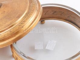 Francia tűziaranyozott cukortartó, üvegbetéttel, 1920 körül, kopásnyomokkal, m: 10 cm