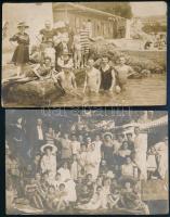 cca 1910 Abbázia, fürdőzők és csoportkép hölgyekkel a kor divatjával, 2 db hátoldalán Atelier Betty pecsétjével jelzett vintage fotólap, törésnyomokkal, kopásnyomokkal, 9x14 cm