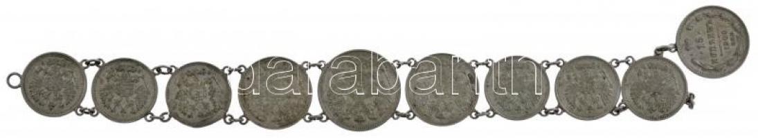 Orosz Birodalom 1911-1914. 10k Ag (6x) + 1906-1914. 15k Ag (3x) + 1914. 20k Ag fülekkel karkötővé al...