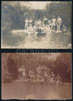 1924 Mátraháza, fürdőzők csoportképe, 2 db hátoldalán feliratozott vintage fotó, 6x9 cm