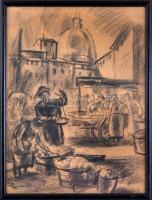 Deli Antal (1886-1960): Firenzei piac, 1926. Szén, papír. Jelezve balra lent. Üvegezett fa keretben. 46×34 cm / Antal Deli (1886-1960): Market in Firenze, 1926. Charcoal on paper. Signed lower left. Framed. 46×34 cm