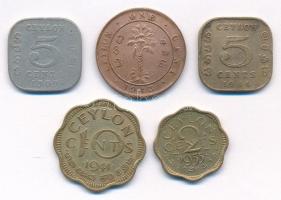 Srí Lanka / Ceylon 1909. 5c Cu-Ni "VII. Eduárd" + 1943. 1c bronz "VI. György" + ...