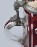 Antik bíborpácolt sörös korsó, ón fedővel, porcelán betéttel, csorbával, kopott, m: 15,5 cm