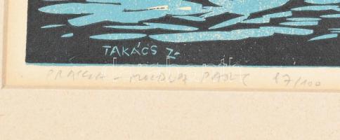 Takács Zoltán (1940-): Prága, Moldva part. Linómetszet, papír, jelzett, számozott. 30,5x42 cm. Paszp...