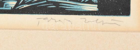 Takács Zoltán (1940-): Prága, Moldva part. Linómetszet, papír, jelzett, számozott. 30,5x42 cm. Paszp...