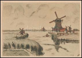 AS jelzéssel. Holland szélmalmok. Színezett rézkarc, papír, 13,5x19,5 cm