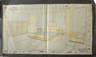 cca 1940 Enteriőr terv korabeli modern bútorokkal, Hermann Gmehling bőr és bőrbútor gyárának pecsétjével. Ceruza, kréta, pauszpapír, papírra kasírozva, sérült, 24,5x45 cm