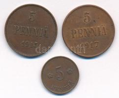 Finnország 1915-1917. 5p Cu (2xklf) + 1936. 5p Cu T:1-,2 kis patina Finland 1915-1917. 5 Pennia Cu (2xdiff) + 1936. 5 Pennia Cu C:AU,XF small patina