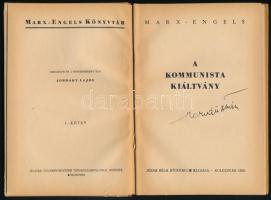 Marx-Engels: A kommunista kiáltvány. Ford.: Józsa Béla. Szerk.: Jordáky Lajos. Kolozsvár, 1945, Athe...