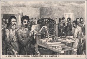 Gacs Gábor (1930-2019): A Nemzeti Dal nyomdai előkészítése 1848 március 15. Rézkarc, papír, jelzett,...