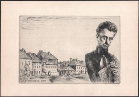 Varga Nándor Lajos (1895-1978): Petőfi Pápán (1842). Rézkarc, papír, jelzett. 19,5x29 cm