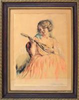 Prihoda István (1891-1965): Múzsa. Színezett rézkarc, papír, jelzett. Dekoratív, üvegezett, kissé sérült fakeretben, 43×35 cm