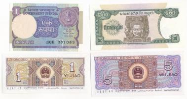 4db-os vegyes külföldi bankjegy tétel, közte India 1990. 1R + Kambodzsa 1998. 200R + Kína 1980. 1J +...