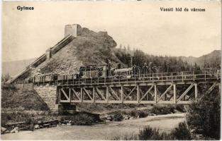 Gyimes, Ghimes; Rákóczi várrom, magyar-román határ, vasúti híd, gőzmozdony, vonat. MÁV levelezőlapárusítás 5241. / castle ruin, Hungarian-Romanian border, railway bridge, locomotive, train (EK)