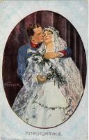 Kriegsgetraut / WWI Austro-Hungarian K.u.K. military art postcard, romantic couple, wedding. artist signed (EK)