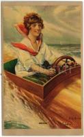 1926 "Boating" Lady art postcard. K. Co. Inc. 159.
