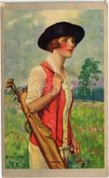 1926 "Golfing" Lady art postcard. K. Co. Inc. 161. (EK)