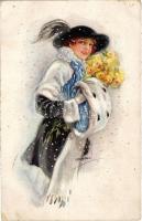 1921 Lady art postcard, winter. "ERKAL" Künstler-Serie 309/4. s: Usabal (EK)
