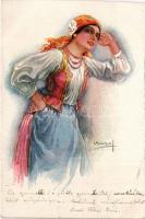 Lady art postcard. "ERKAL" No. 324/5. s: Usabal (vágott / cut)