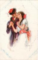 Lady art postcard, romantic couple. ERKAL No. 330/2. s: Usabal