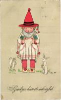 Szívélyes húsvéti üdvözlet / Easter greeting art postcard with rabbits. PGWI 523-3. s: G. H. (EK)