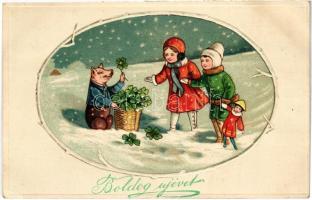 1926 Boldog Újévet! / New Year greeting art postcard with pig and clovers. HWB Ser. 2663. Emb. litho (lyuk / pinhole)