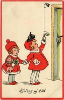Boldog Újévet! / New Year greeting art postcard with children, pig and clover. EAS (EK)
