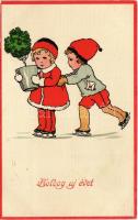 1924 Boldog Újévet! / New Year greeting art postcard with ice skating children. EAS 4746.