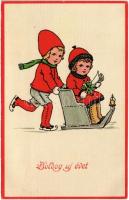 1924 Boldog Újévet! / New Year greeting art postcard with children, ice skate, sled. EAS 4746.