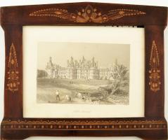 Antoinette Asselineau (1811-1889), Haske metszése: Chambord kastélya, 1850-60 körül. Acélmetszet, papír, jelzett a metszeten. Dekoratív, virágos ornamentikával díszített régi üvegezett fakeretben. 13,5x19 cm
