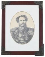 Dekoratív, sarkaiban fém veretekkel díszített üvegezett fakeret, modern Andrássy Gyula nyomattal, belső méret: 25,5x18,1 cm