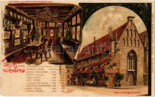 Nürnberg, Nuremberg; Bratwurstglöcklein, Inneres / inn, restaurant. Aquarellkarte Kunstverlag Hermann Martin No. 4553. Art Nouveau, litho (small tear)