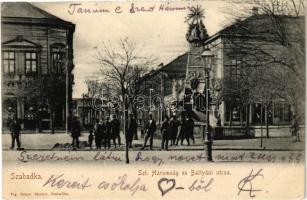 1904 Szabadka, Subotica; Szentháromság szobor és Batthyány utca. Vig. Zsigmond Sándor kiadása / Holy Trinity statue, street view (EK)