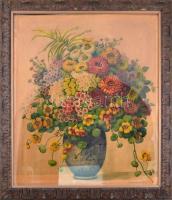 Oppel Magda (1884-?): Csendélet. Akvarell, papír, jelzett. Dekoratív, szecessziós stílusú üvegezett fakeretben, 80×70 cm