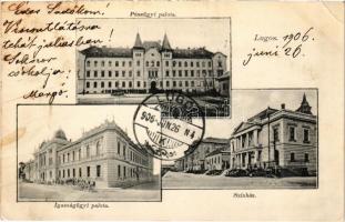 1906 Lugos, Lugoj; Pénzügyi palota, Igazságügyi palota, Színház. Sziklai Lajos kiadása / financial directorate, Palace of Justice, theatre (EK)