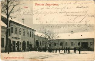 1908 Szászvár (Baranya), Fő tér télen, Holländer Ferenc üzlete. Brucker Izsó kiadása (EK)