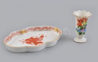 Herendi Apponyi mintás porcelán tálka és virágmintás vázácska, kézzel festett, jelzett, minimális kopással, m: 6,5 cm, 8×12 cm